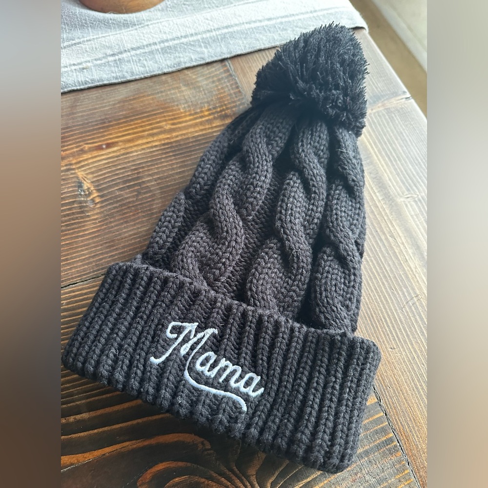 LMSS Little Mama Shirt Shop Embroidered Pom Beanie in Black